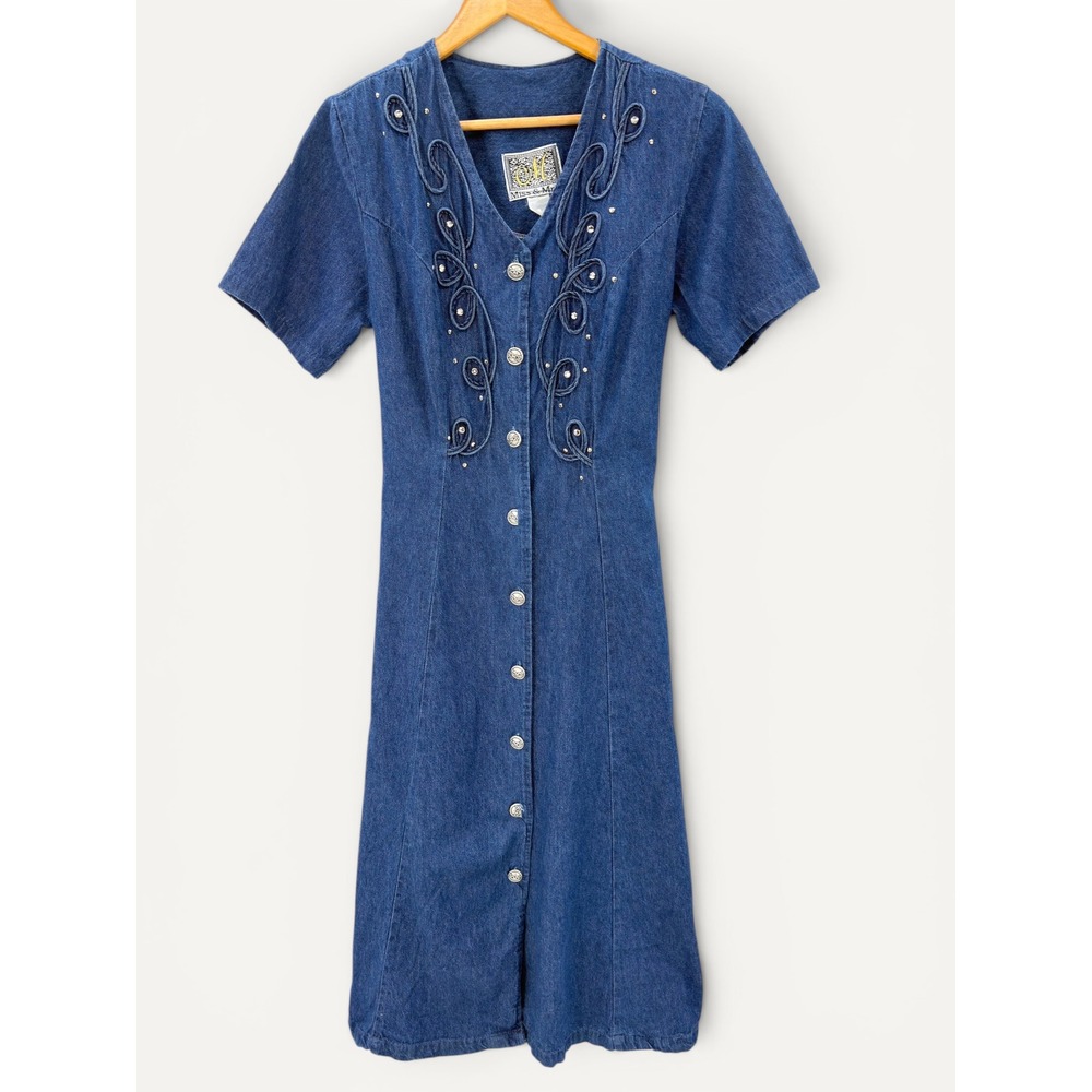 VTG Miss & Mrs Denim Midi Dress S/M Blue Soutache Rhinestone Country Western USA